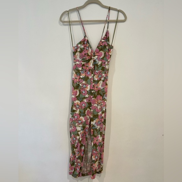 Zara pink and green floral dress with front slit and cutout back size S - Picture 3 of 8